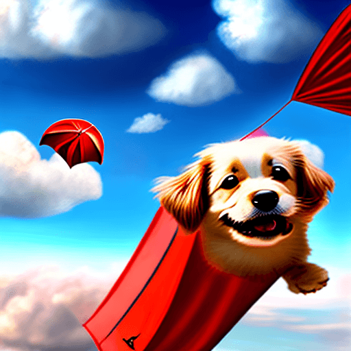 AI generated: Falling happy dog attached to a red parachute amidst sunny clouds.
Style: photo realistic