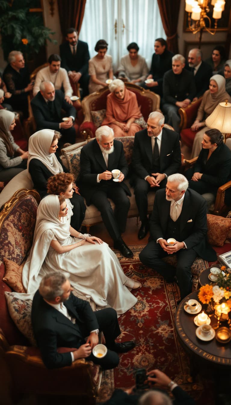 AI generated: high-angle shot of a 1950s Iranian engagement gathering in a spacious, well-decorated traditional ho...