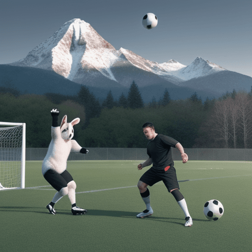 AI generated: Panda and rabbit playing football on a field in the forest, in the background there are big mountain...