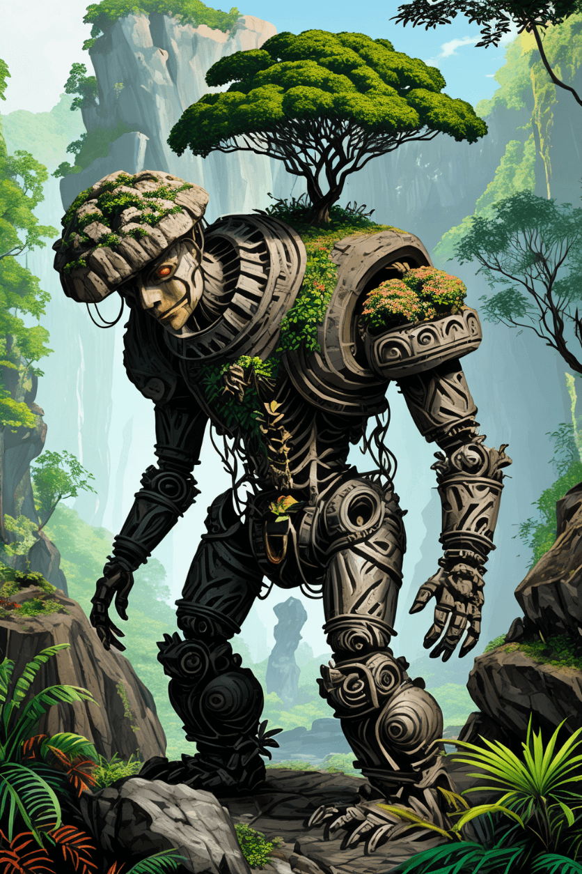 AI generated: illustration vector  painting art  AUTOMATON, giant rock golem with plants growing on shoulders, rou...