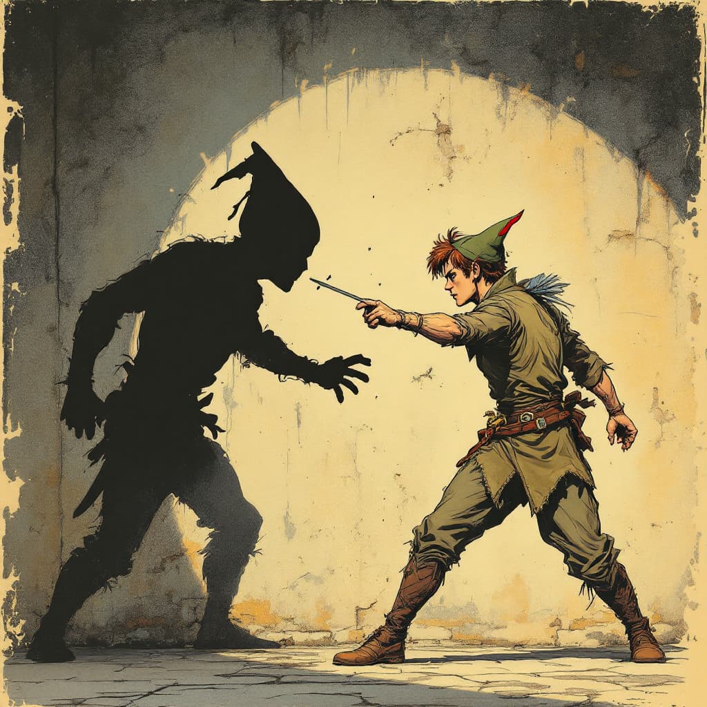 AI generated: Photorealistic comic book cover illustration, full body shot of peter pan fencing with his shadow ag...