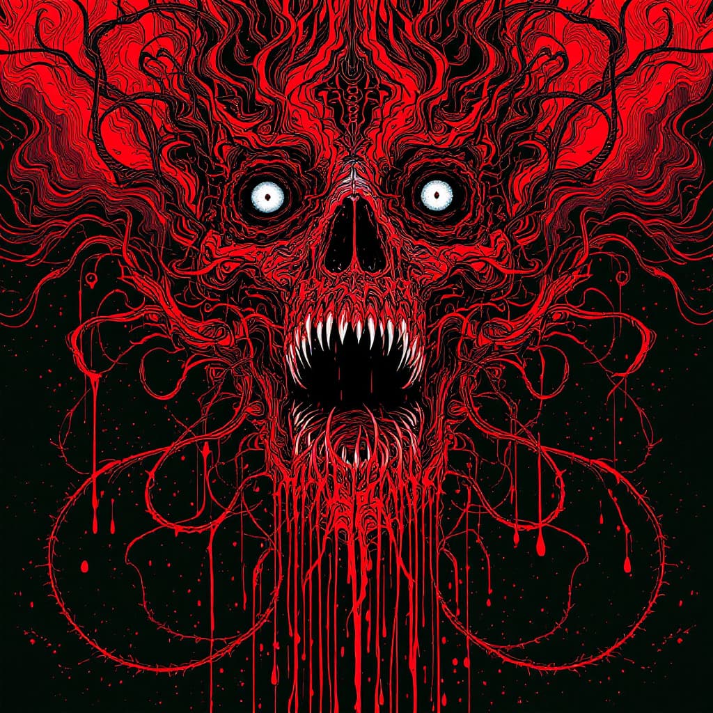 AI generated: "FULL IMAGE/NO TEXT/horror Regurgitative Symbiosis terror /Intricate Details/FINELINE/ABSURDES/100 b...