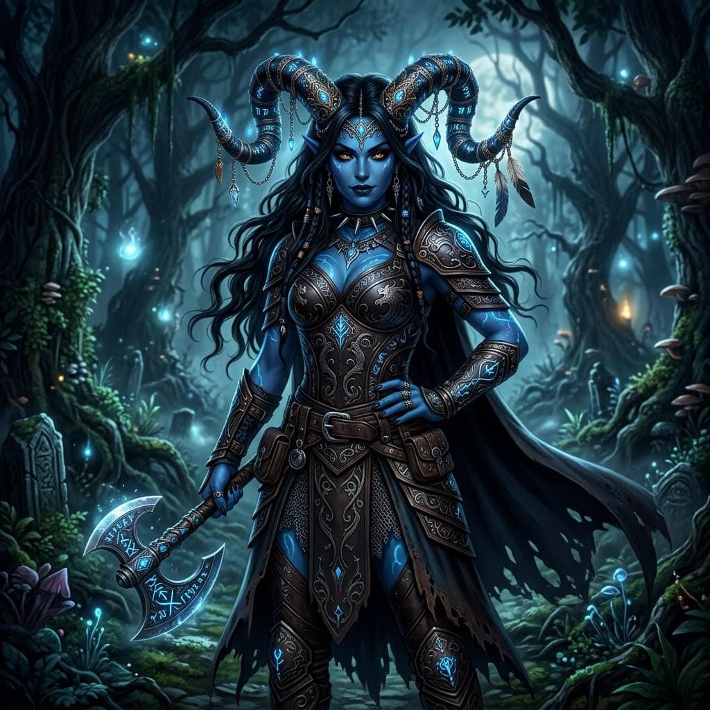 AI generated: a beautiful female demon with blue skin and black hair, ornately decorated devil horns and wearing i...