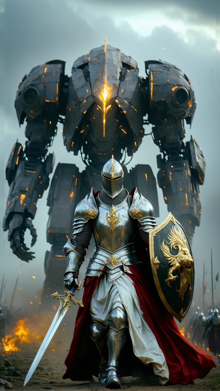 AI generated: An ultra-realistic, zoomed out, front facing, full-body portrait of a noble Paladin in gleaming silv...
