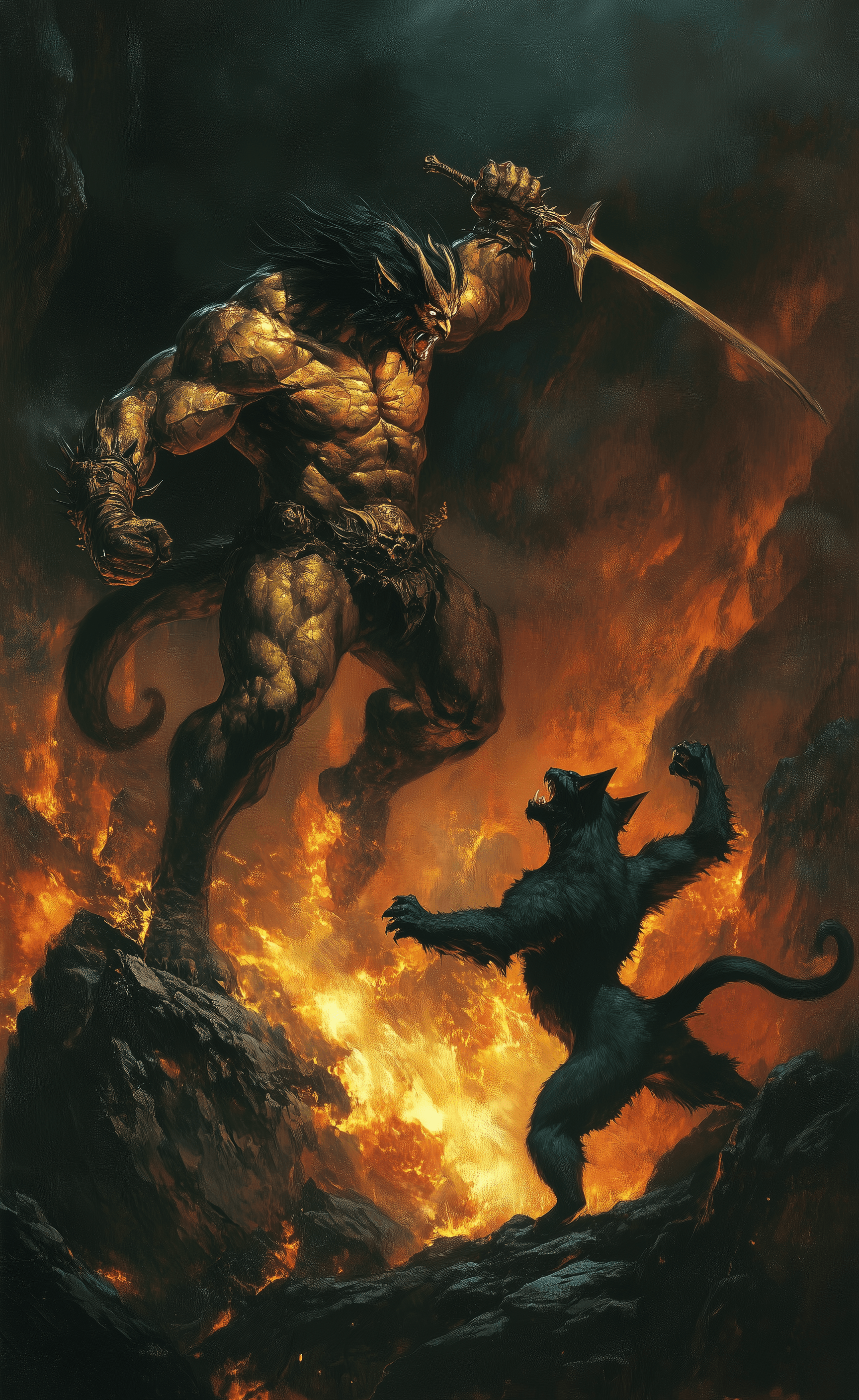 AI generated: A muscular demon, in the style of Frank Frazetta, fighting against an alien cat-like monster on top ...