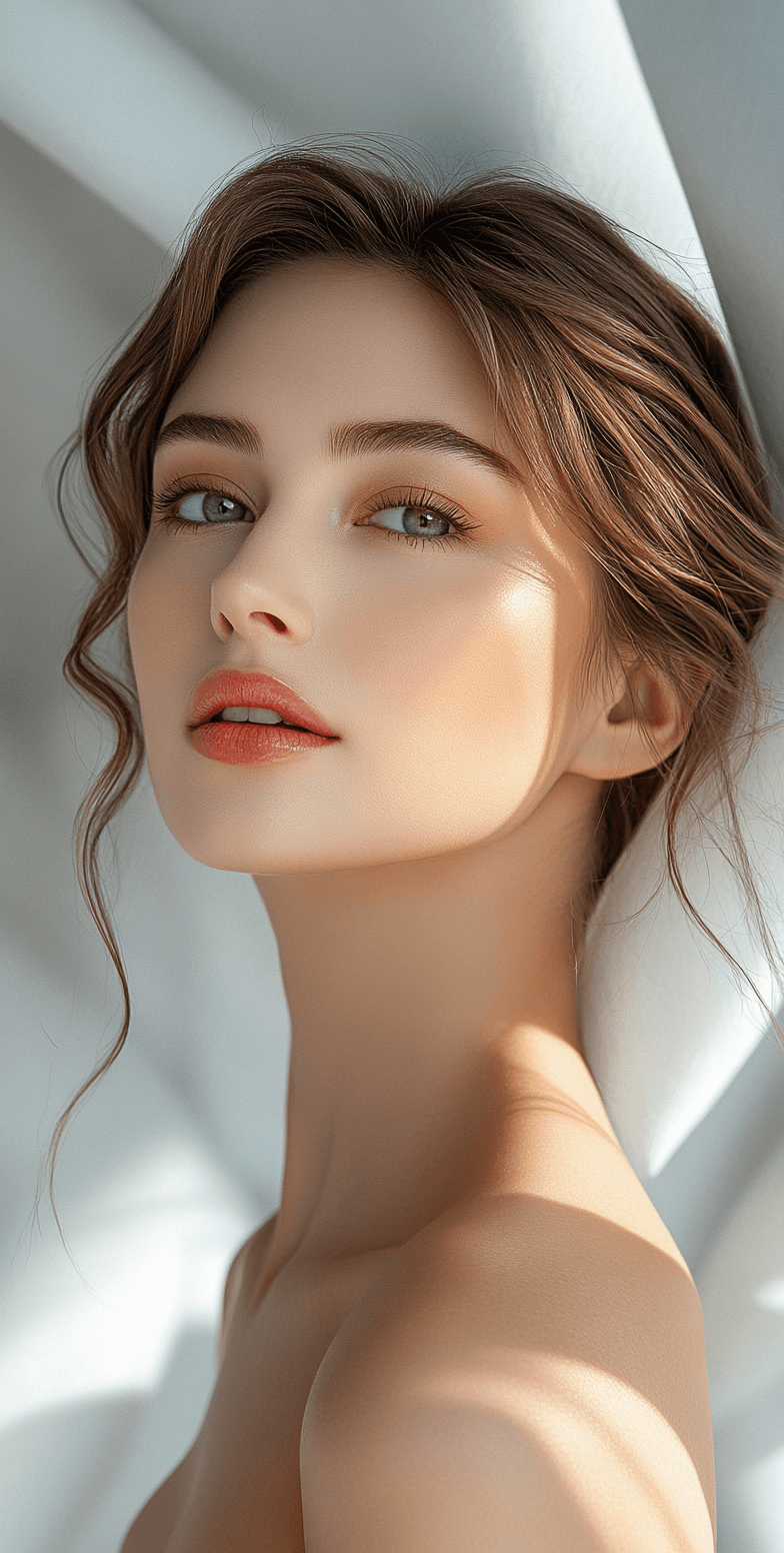 AI generated: A beautiful woman with smooth skin, light makeup, and a natural look is featured in an advertising p...