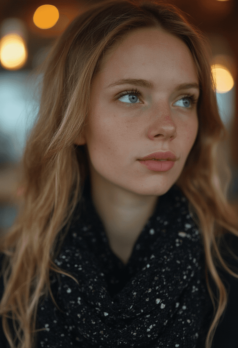 AI generated: Create a close-up portrait of a fit adult woman with long, flowing blonde hair and freckled skin, we...