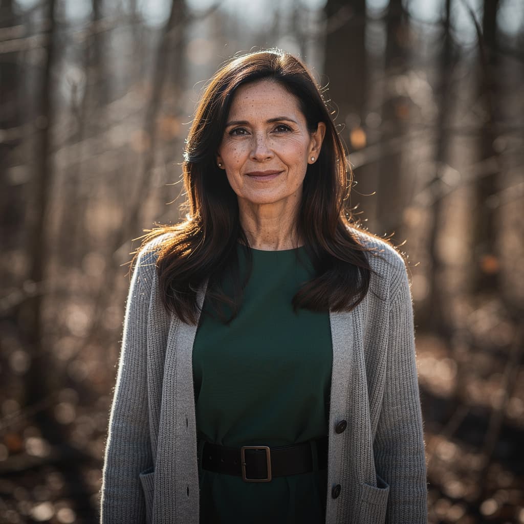AI generated: cinematic image with dark shadows and high contrast,

A middle-aged woman with long, dark brown hair...