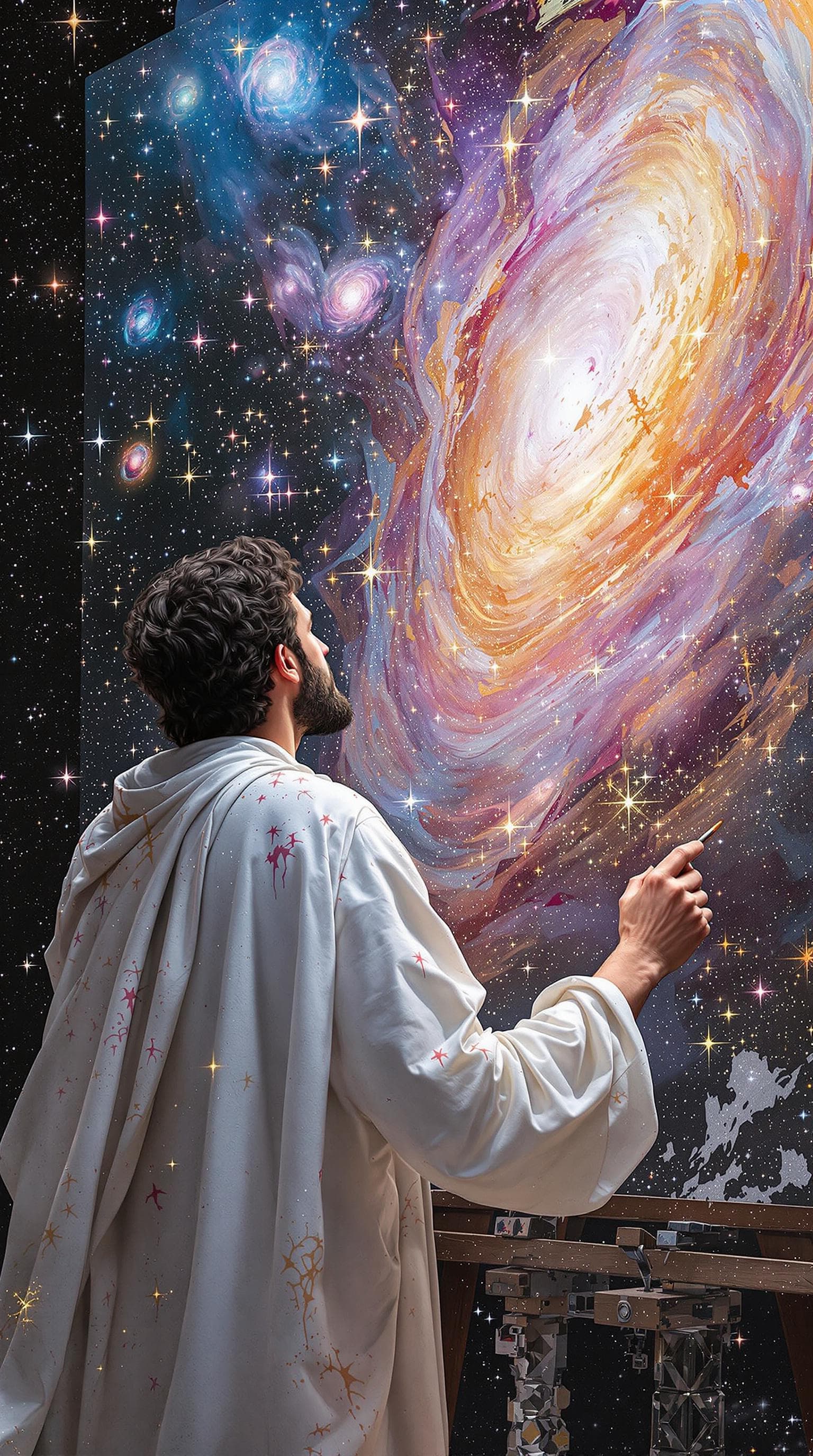 AI generated: hyper realistic   style, full portrait depicting God as an artist, facing   a giant uncompleted canv...