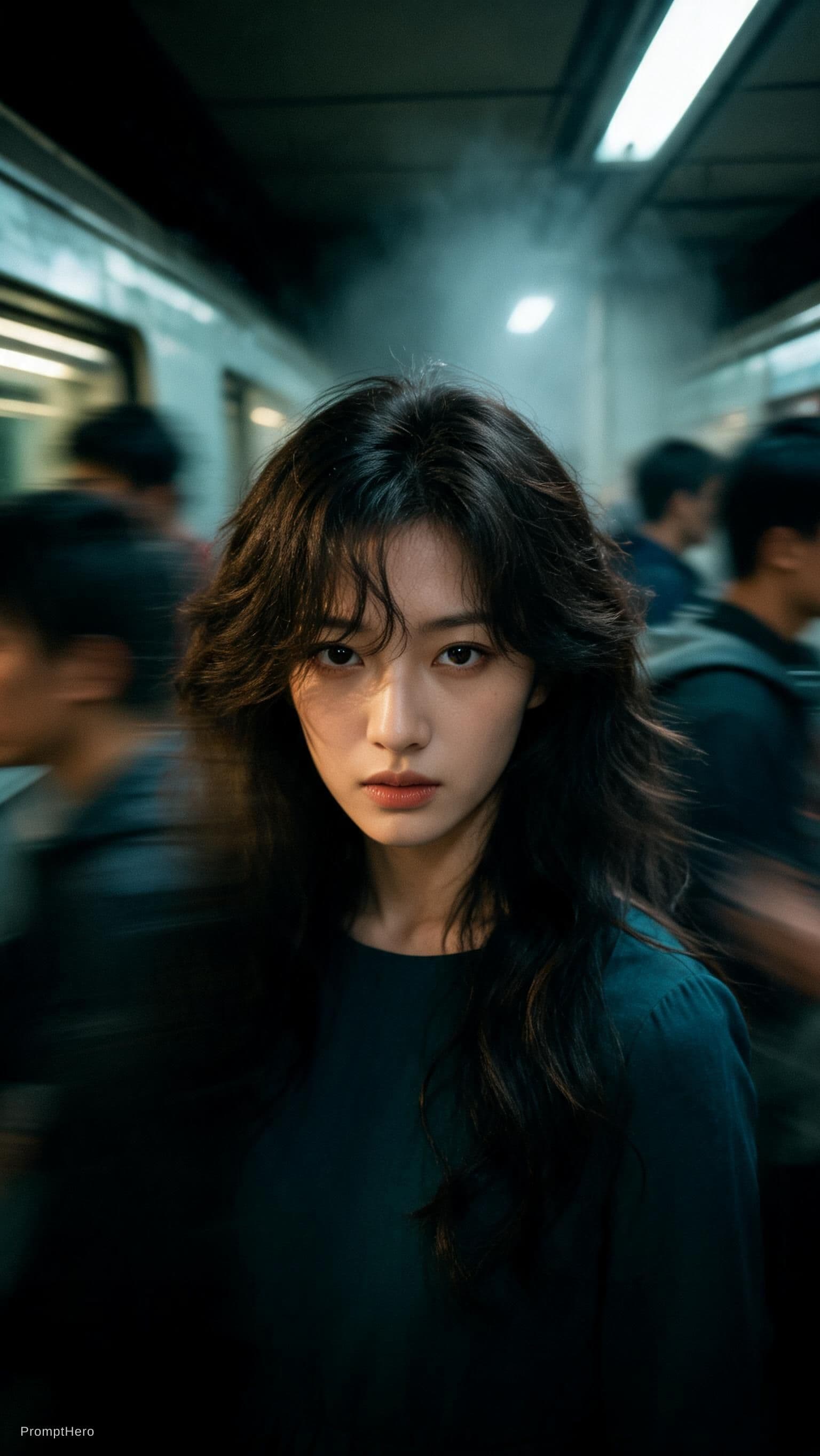 AI generated: Cinematic editorial portrait of a young women in her early twenties standing motionless at the
cente...
