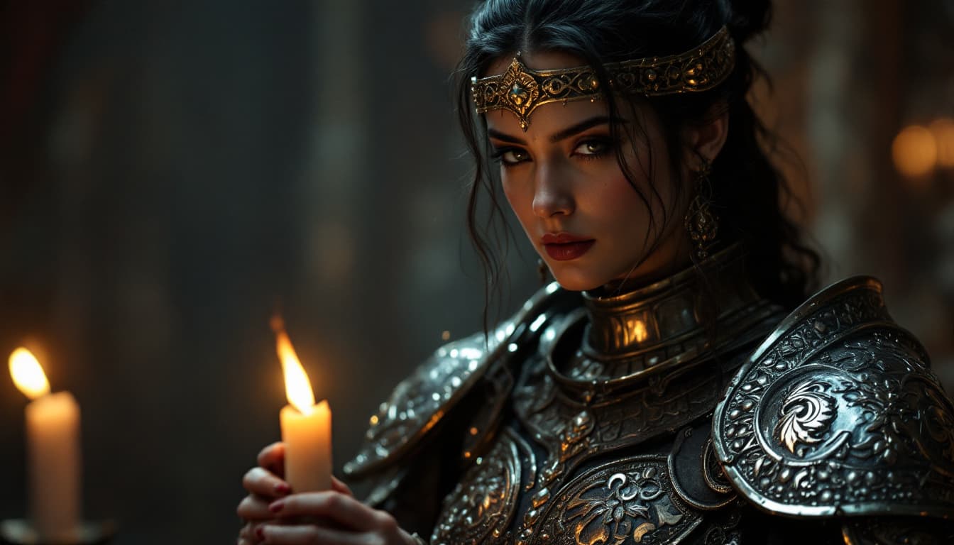 AI generated: Ultra-realistic.	Medium shot of Parushat donning her armor, candlelight flickering on the metal. [Pa...