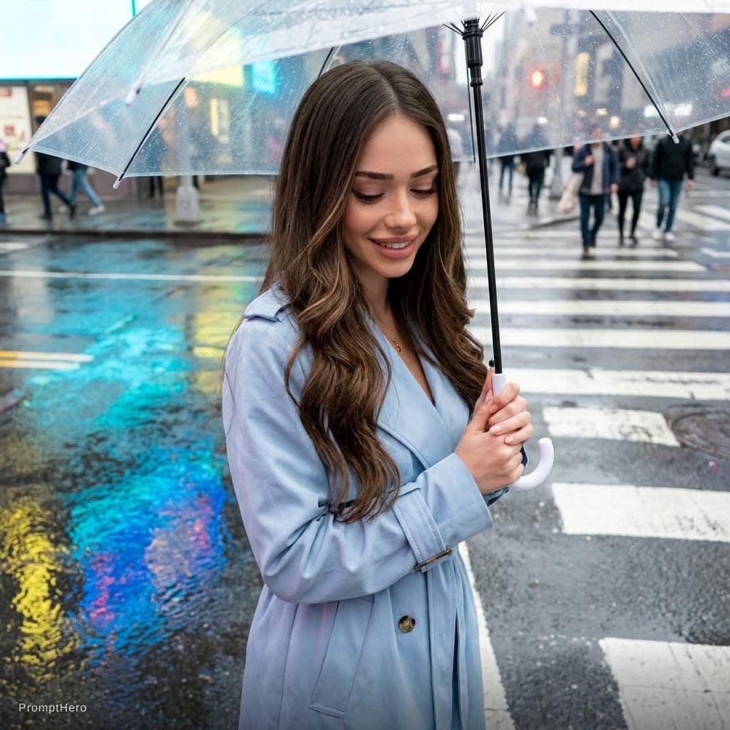AI generated: A stylish young Caucasian ultra cutest woman in a modern pastel trench coat, crossing a rain-slicked...