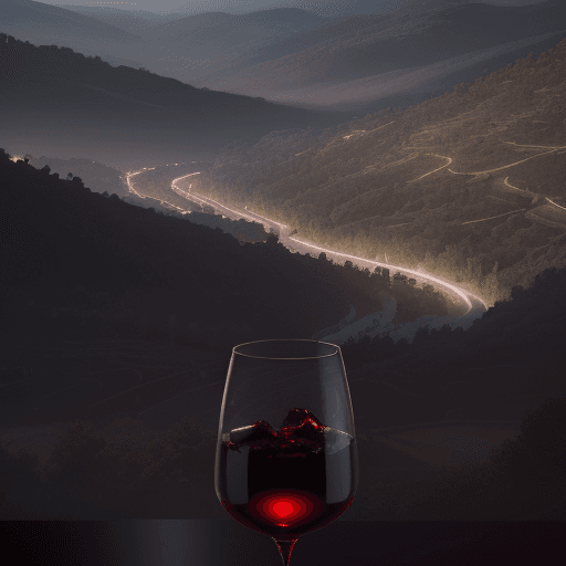 AI generated: Photo of a ultra realistic , dramatic light, a glass of red wine  in a valley  of viña, cinematic li...