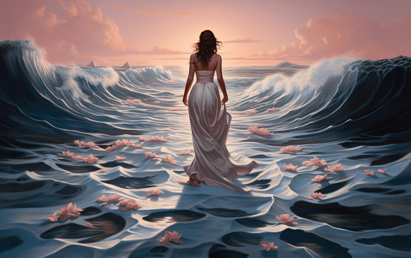 AI generated: A woman is walking through the ocean in a white dress, in the style of david michael bowers, mytholo...