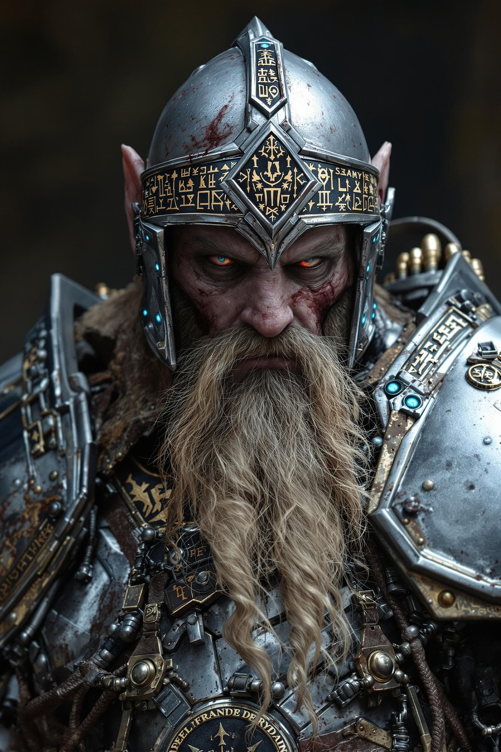 AI generated: High resolution photo portrait, grey skin dark dwarf fighter, badly burned face, mechanical legs rep...