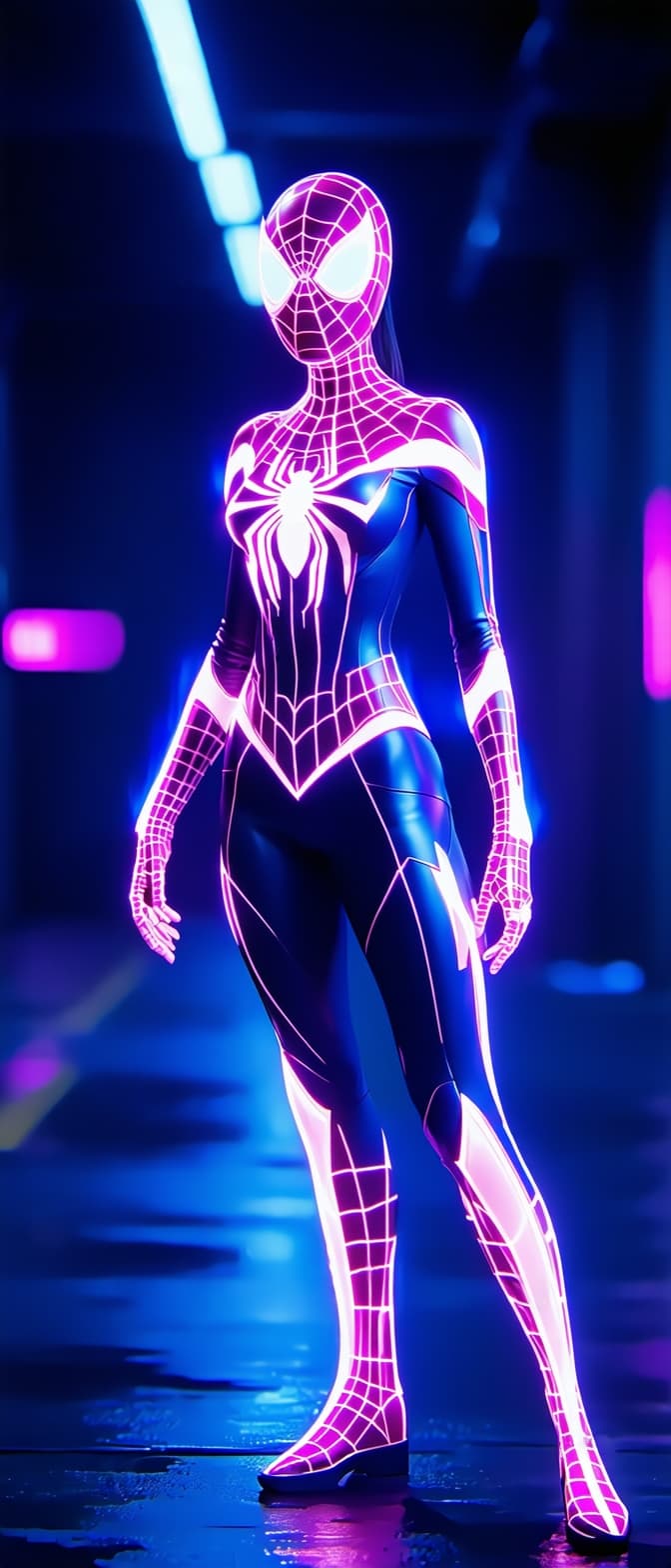 AI generated: Spiderwoman with Power to change reality, neon lights on costume, neon glowing, ultra realistic, 8k,...