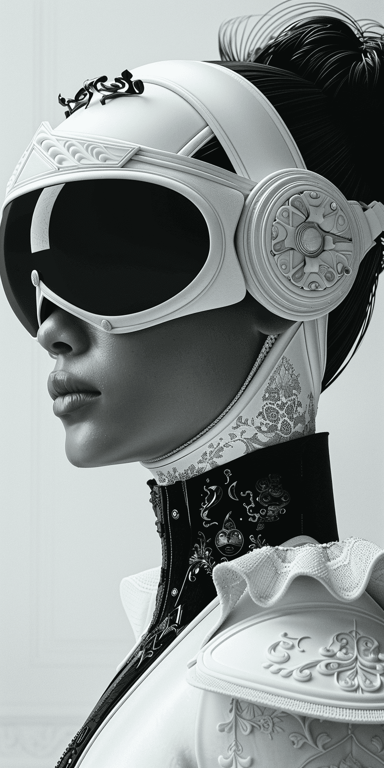 AI generated: an image of a futuristic woman in a robotic head gear, in the style of dark white and dark black, in...