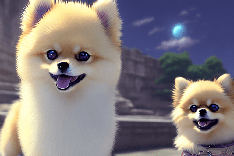 AI generated: a single pomeranian dog, cute, kawaii, ultra-detailed, hd, anime, design by makoto shinkai, Granblue...