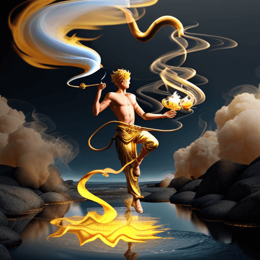 AI generated: male elemental Genie flying out in a stream of smoke from a of a golden genie lamp

