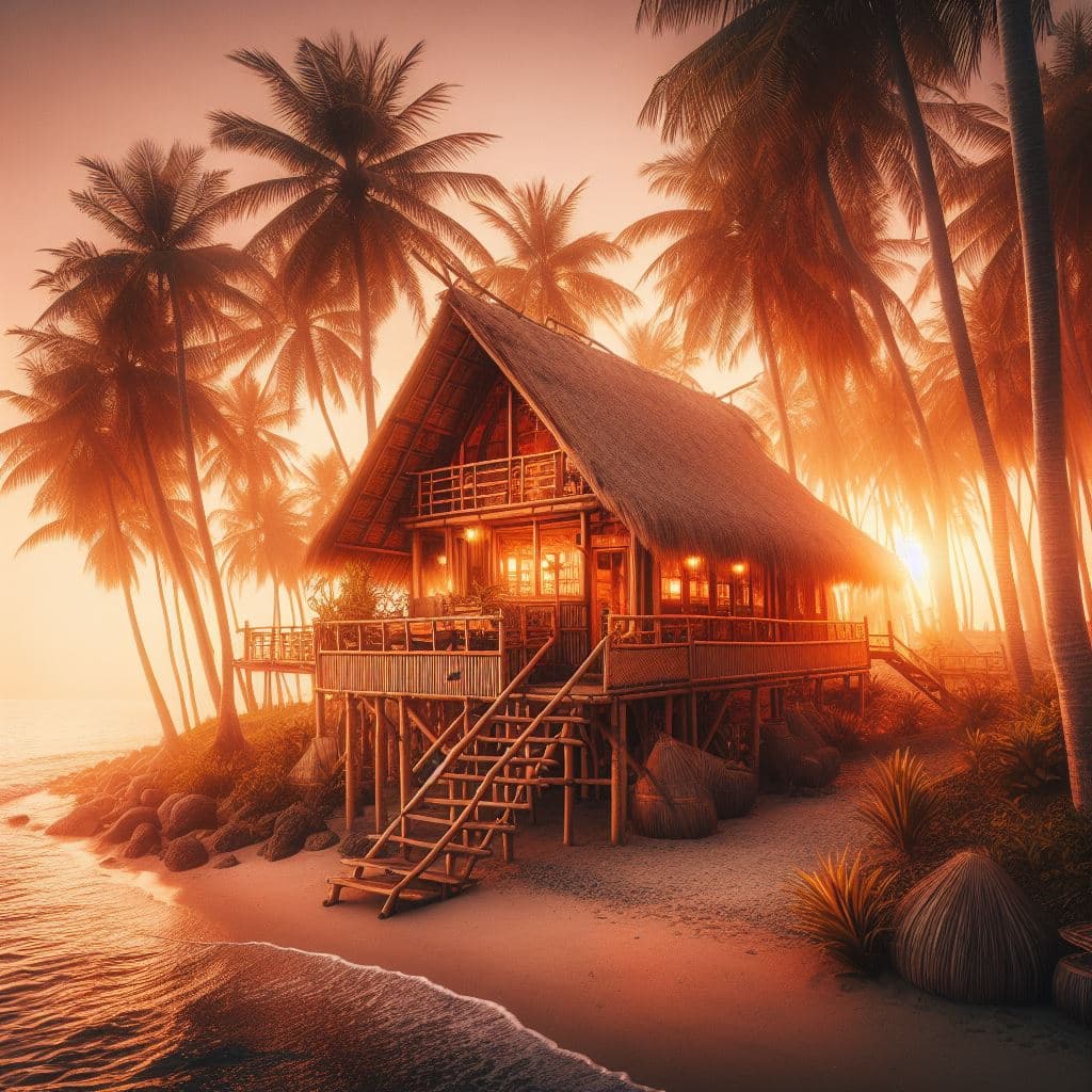 AI generated: Bamboo house on the beach surrounded by palm trees at sunset