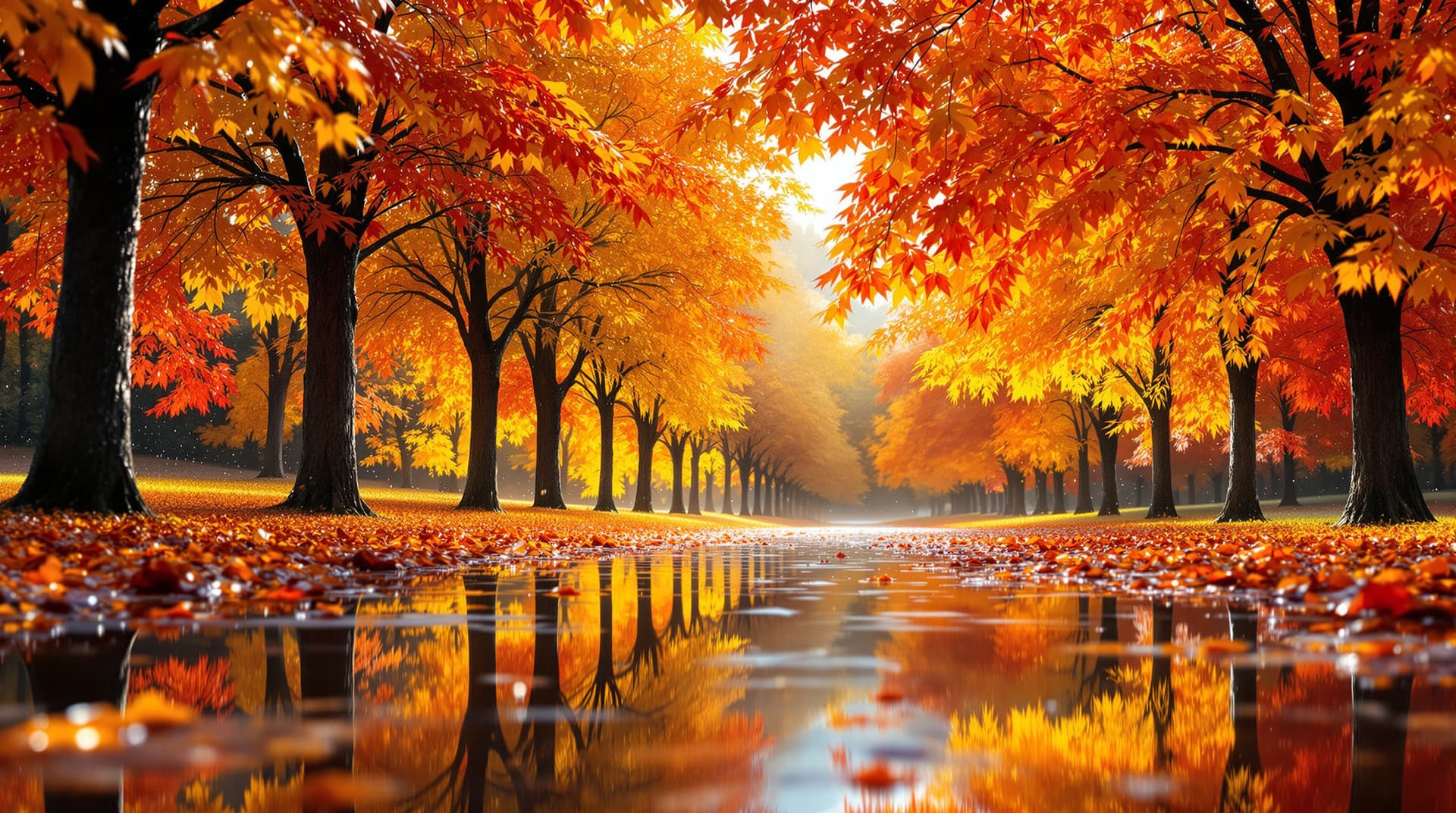 AI generated:  In a picturesque macro close up scene, autumn trees stand tall, their branches heavy with water dro...