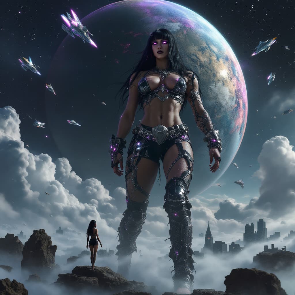 AI generated: truly enormous giantess female Rhea Ripley from WWE with black medium length hair and straight bangs...