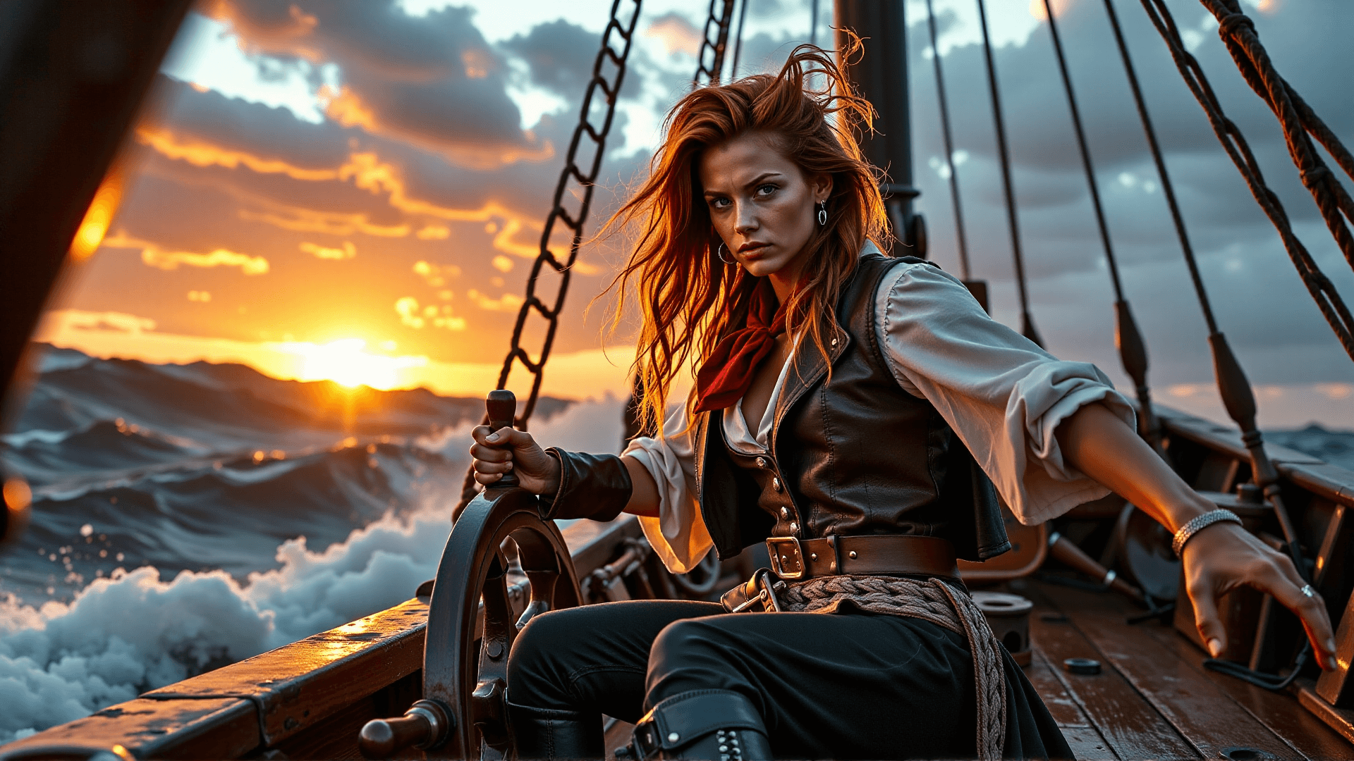 AI generated: A dramatic, low-angle portrait of Anne Bonny, in a defiant stance at the helm of her Pirate Ship, as...