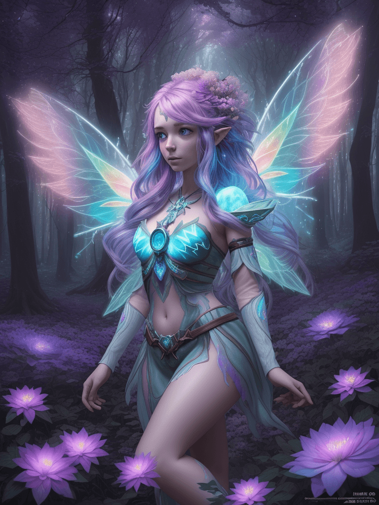 AI generated: Magical Forest scenery, chronomancer(a female), a time-manipulating mage,clean skin, particles of li...