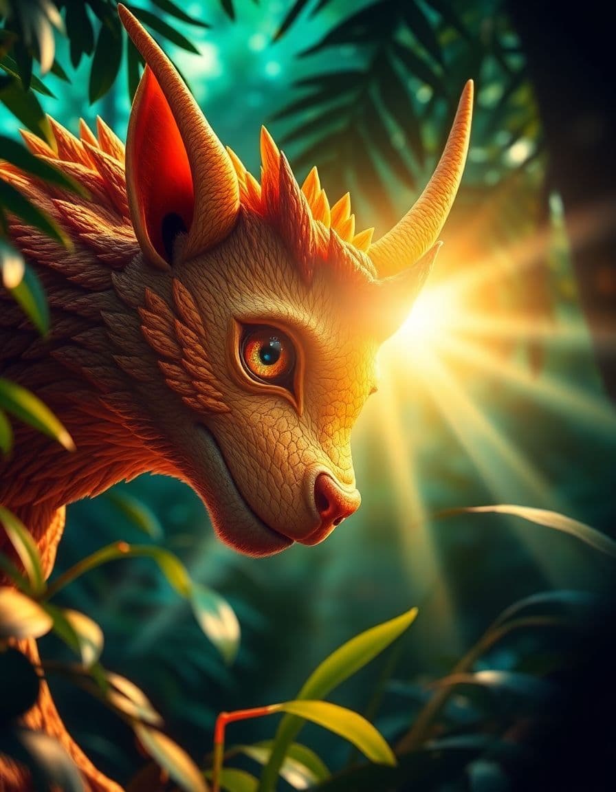 AI generated: fantasy animal in the jungle, closeup, ultra detailed, fairy lighting, photorealistic, bright colors...