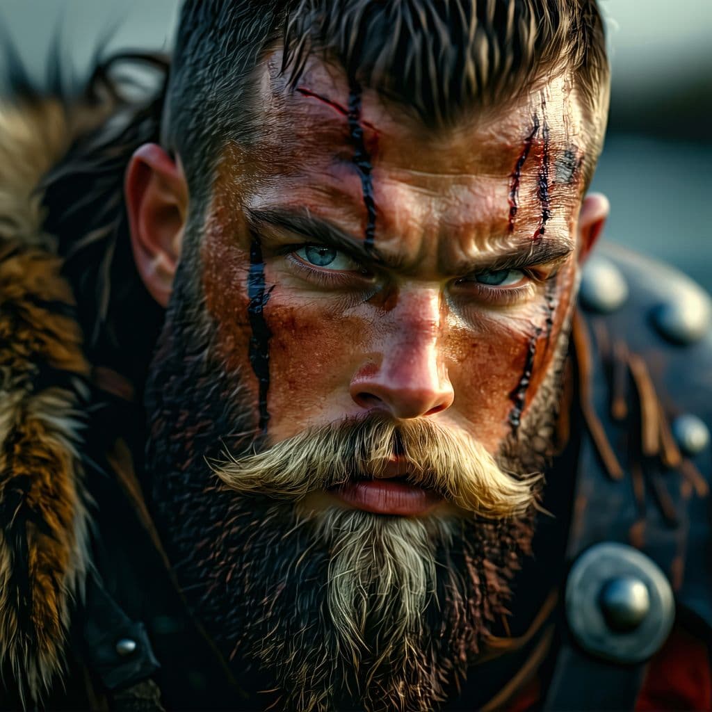 AI generated: A hyper-realistic portrait of a Viking warrior, intricate beard details, battle scars on his face, c...