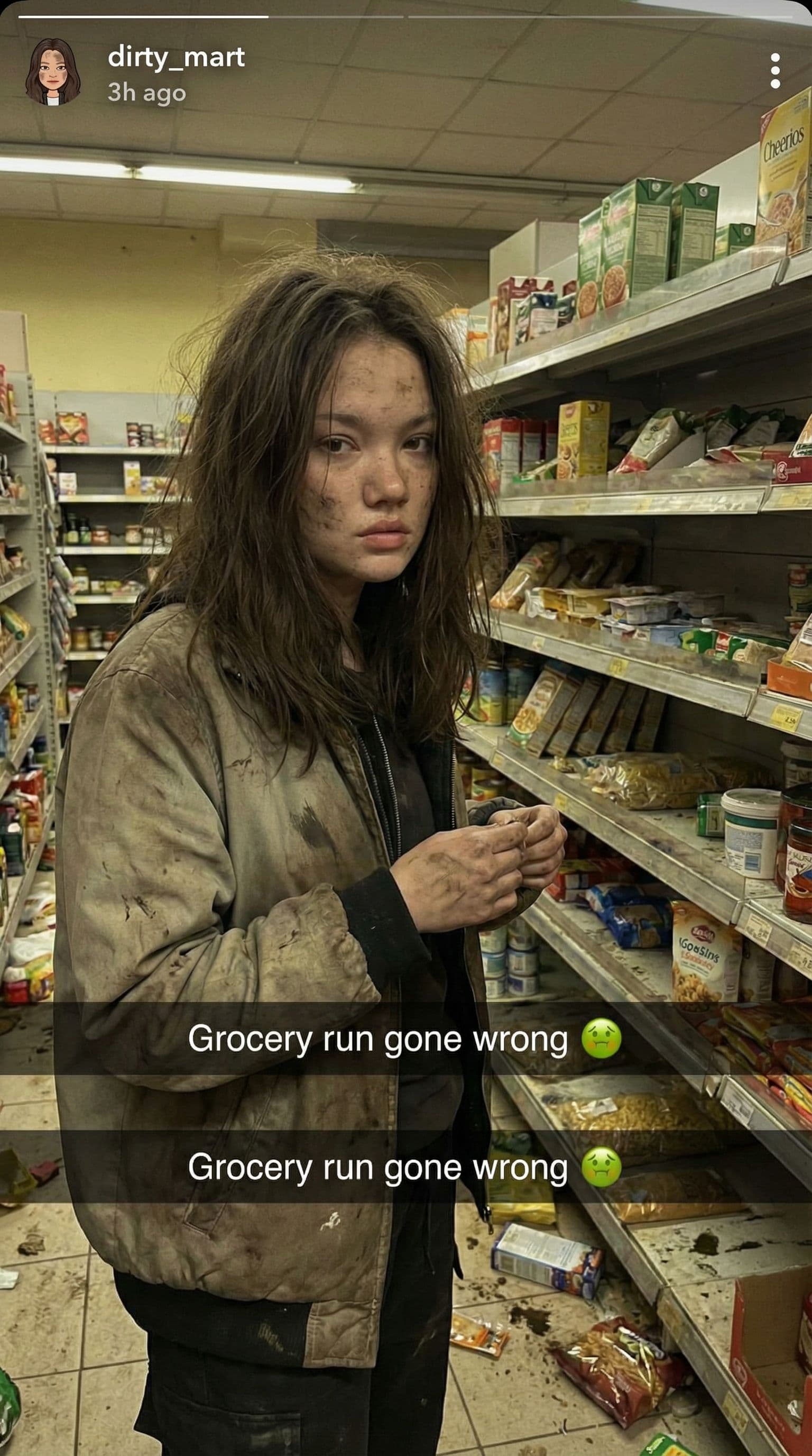 AI generated: photo of dirty attractive woman inside filthy grocery store, posted on snapchat --ar 9:16 --v 6exact...