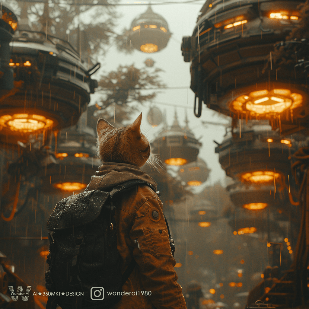 AI generated: A cat stands in the center of an epic, futuristic forest with many flying machines hanging from floa...