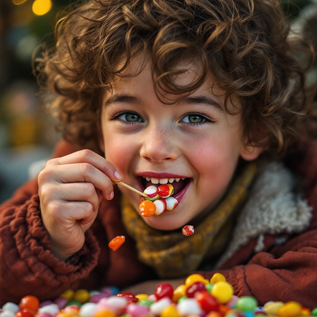 AI generated: a 9yo pretty face, eating a candy