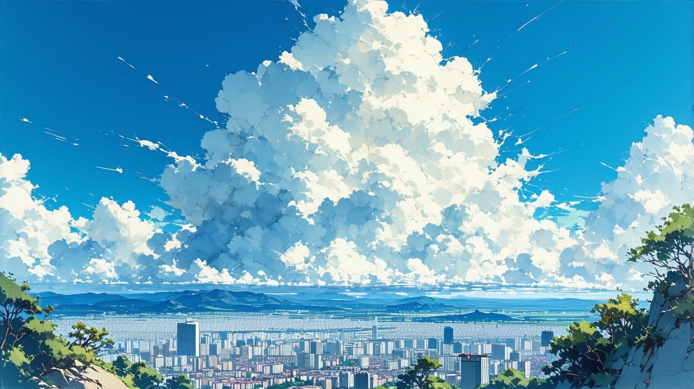 AI generated: illustrator like ghibli studio art, perspective of city from HORIZEN and blue sky with some big whit...