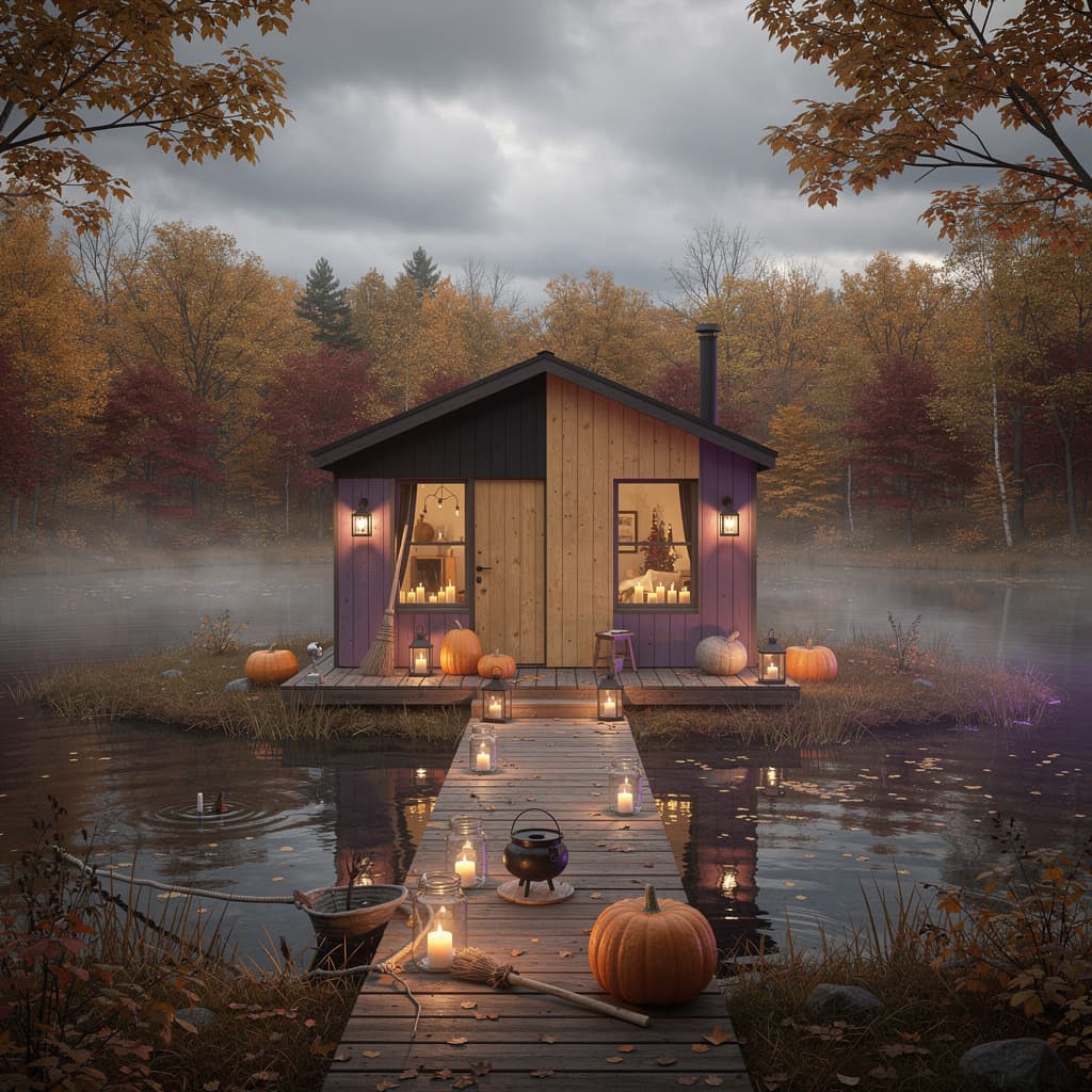 AI generated: Quaint minimalist and modern witch's cabin by the lake, autumn forest background, purple and honey c...