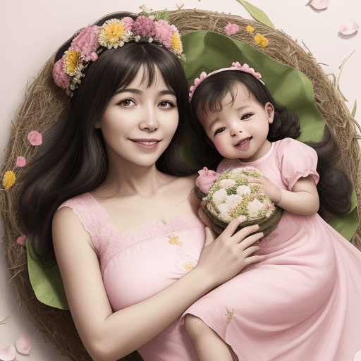 AI generated: Una bebé china sonriente, de 3 meses, con su mamá, con un vestido rosado, en el pasto con muchas flo...