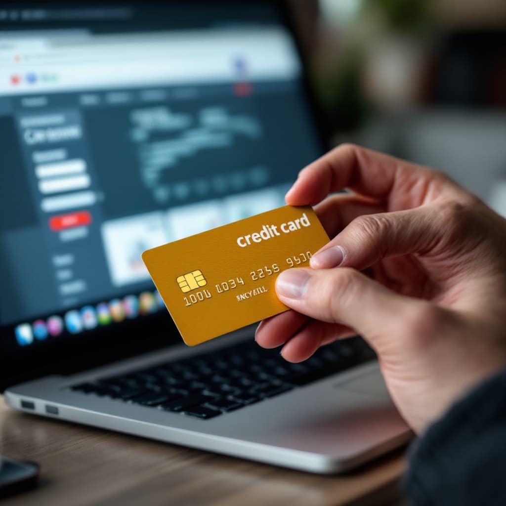 AI generated: hacker enters credit card details while holding it on an online shopping site, using computer