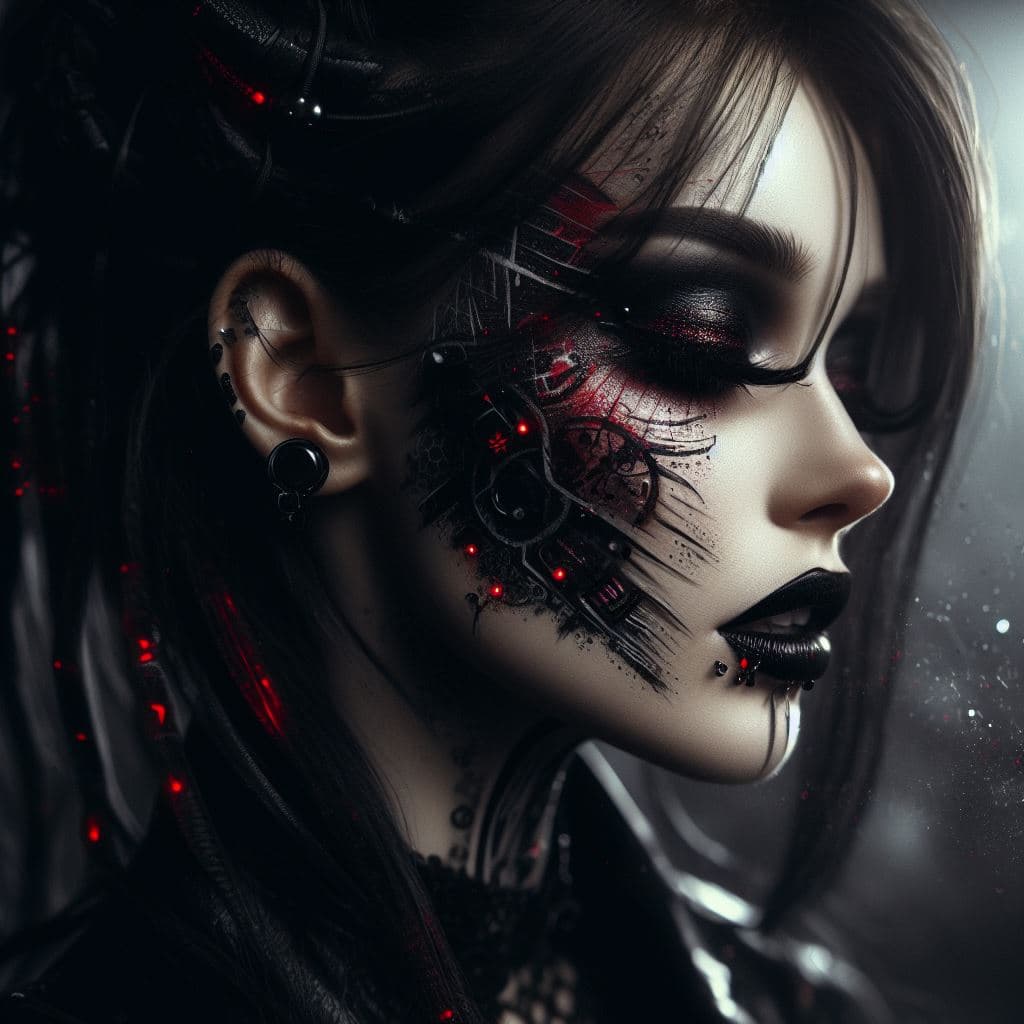 AI generated: a digital painting of a woman with black and red makeup, cyberpunk art by Anna Dittmann, cgsociety, ...