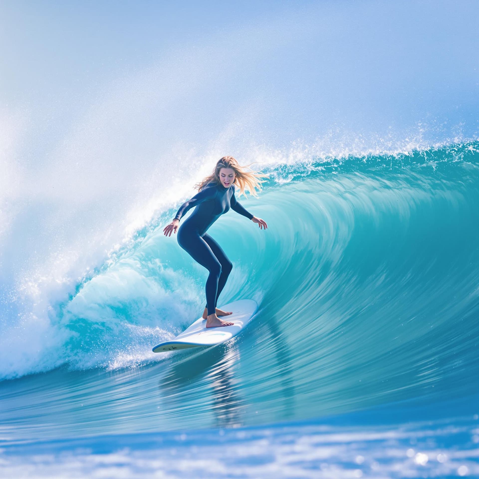 AI generated: The image features a woman riding a wave on a surfboard. She is skillfully navigating the wave, show...