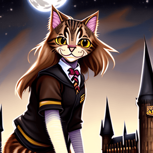 AI generated: Emma Watson, Anthro Female Cat, Brown Tabby Fur, Bright Brown Eyes, Female Griffyndor School Uniform...