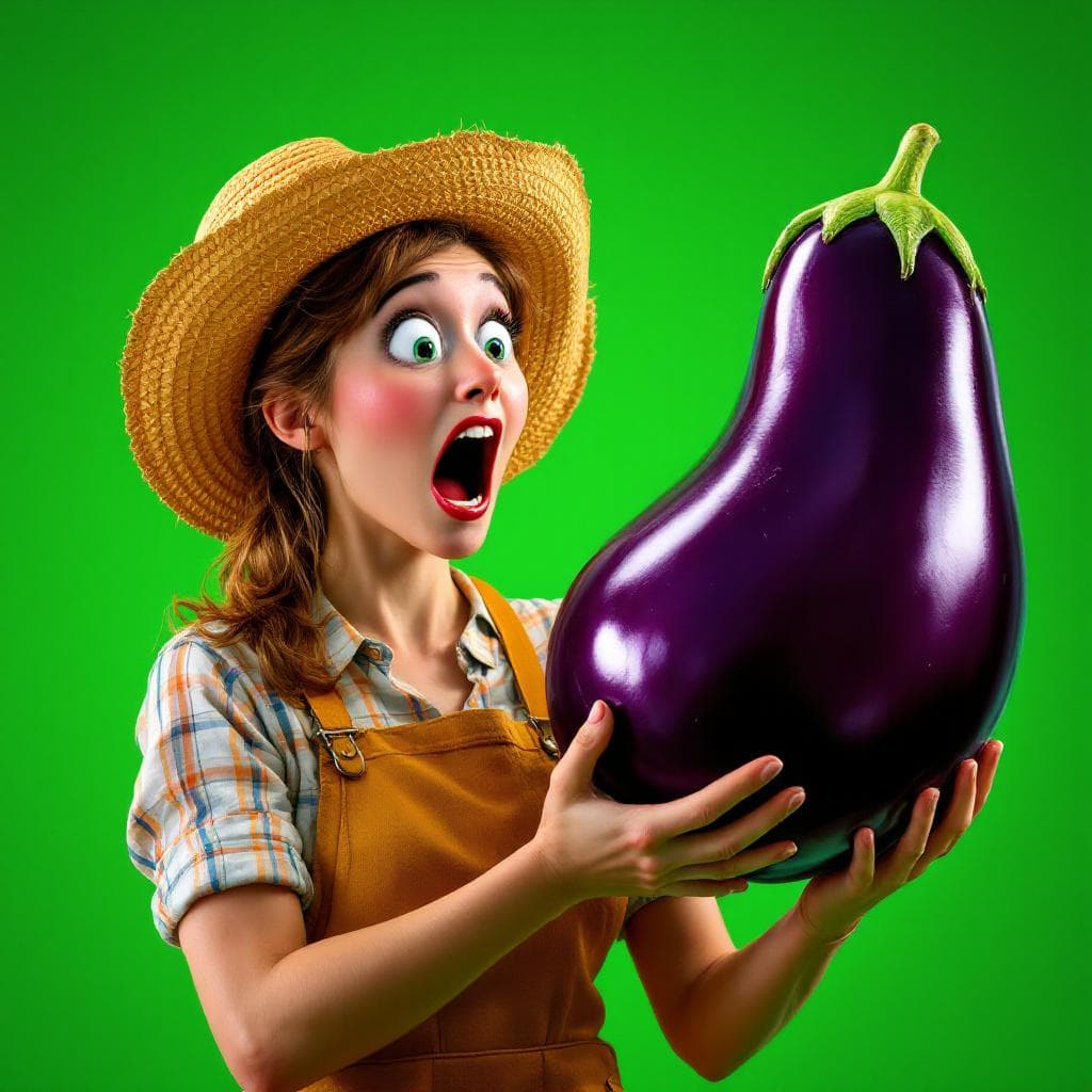 AI generated: A surprised female farmer in a straw hat and apron holding a giant, shiny eggplant like it's a sacre...
