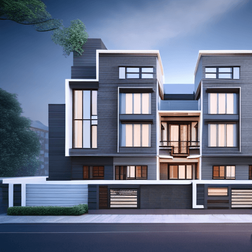 AI generated: 3 story residential house front exterior design, 24x40 size row house, modern look, use night lights...
