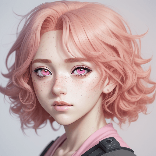 AI generated: anime style, Handsome woman with pink medium length curly hair, freckles, revealing her too big deep...