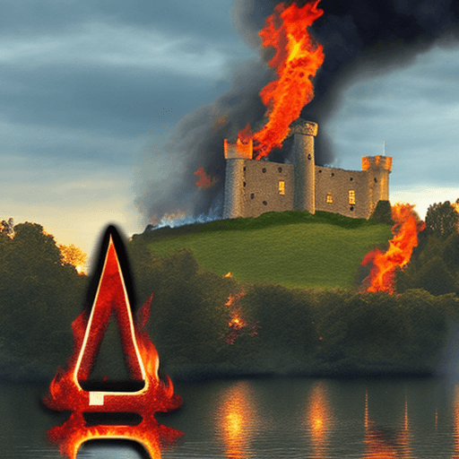 AI generated: castle background with river, letter "A" in foreground on fire, 