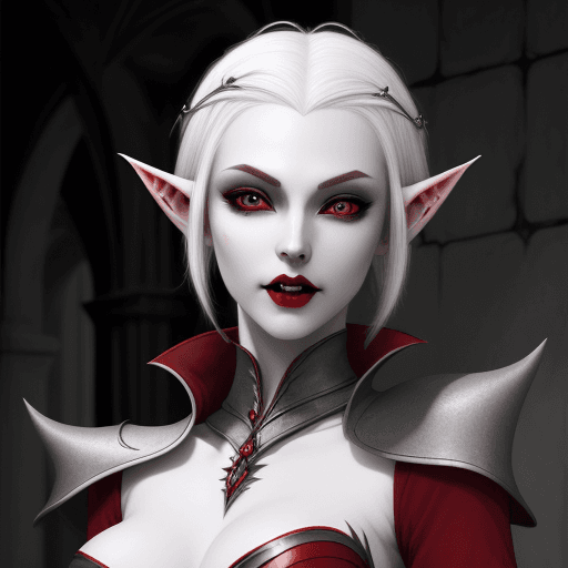 AI generated: Altmer elf woman, white hair, pale skin, vampire fangs, beautiful, pointy short ears, red eyes, NO h...