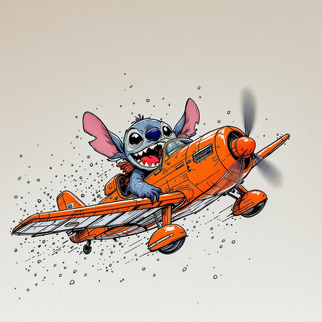 AI generated: Stitch,The action is hilarious,Pen and ink drawings,Fly a plane