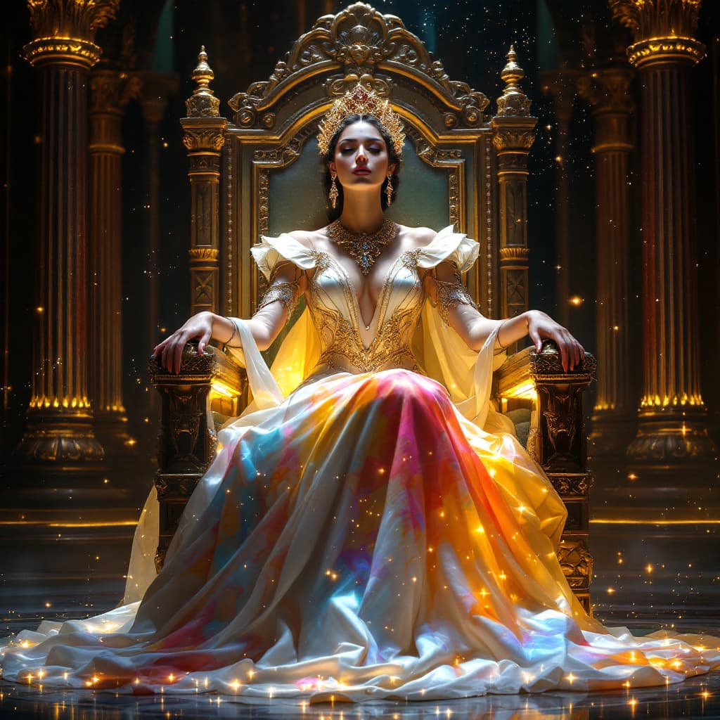 AI generated: A regal court composer, with her gown shifting to match the changing emotions around her, her jewelr...