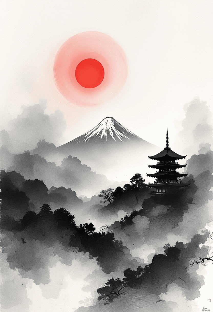 AI generated: Abstract ink wash painting, inspired by a misty Japanese landscape featuring Mount Fuji in the dista...