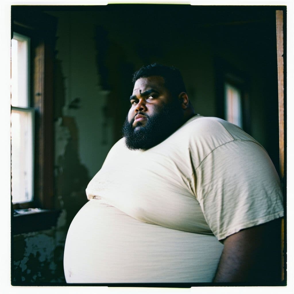 AI generated: grainy 80's photograph quality polaroid of big fat round black man suicide caught in an abandoned ho...