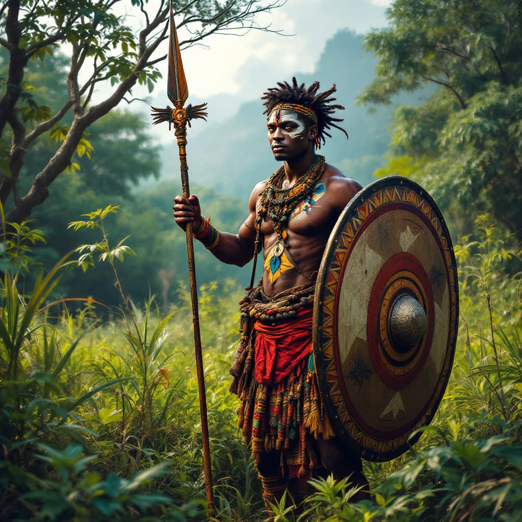 AI generated: Centered image of a Zulu warrior painted according to his traditional culture with a spear and shiel...